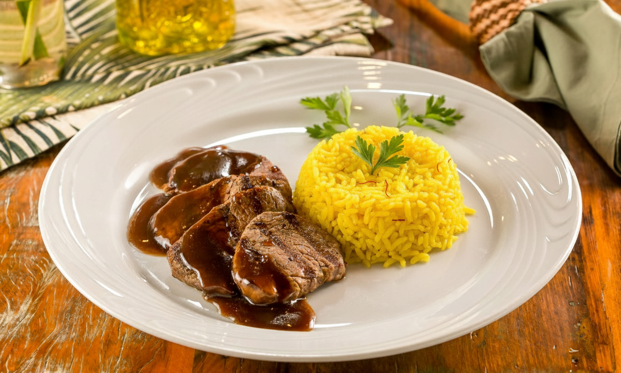 Escalope de Mignon ao Molho Madeira c/ Arroz de Açafrão